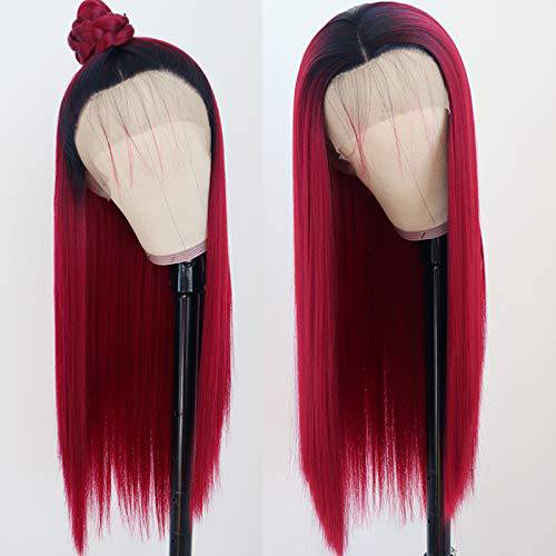 PlatinumHair Red Wig for Women Long Straight Hair Wigs Ombre Red Straight Wig Heat Resistant Glueless Synthetic Lace Front Wigs 180 Density 24 Inch