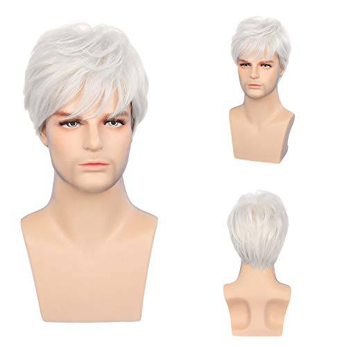 Mens White Wigs Short Layered Natural Cosplay Costume Halloween Synthetic Heat Resistant Replacement Wig with Wig Cap