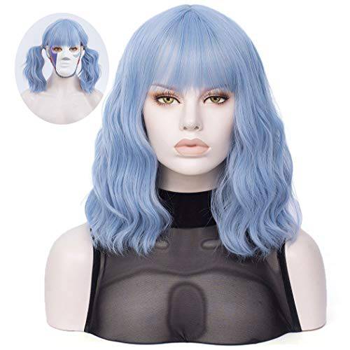 QACCF Light Blue Wig Short Wavy Shoulder Length Women Full Bang Curly Bob Wig (Blue Mix)