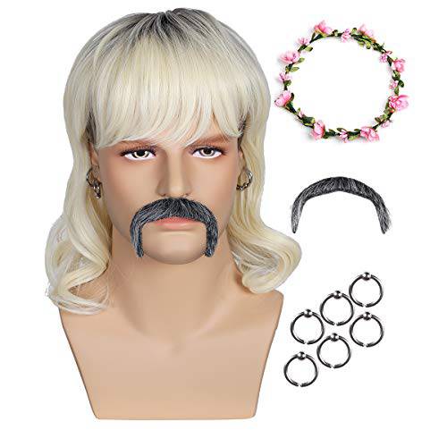 Wig and Flower Headband Set Dark Root Blonde Wavy Wig for Men and Women
