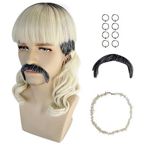 IMEYLE Wig（8Earrings-Mustache-1Necklace）70s 80s Rocker Mullet Wig for Men Long Curly Black Root Blonde Hair Costume Cosplay Wig for Halloween Costume Party + Wig Cap