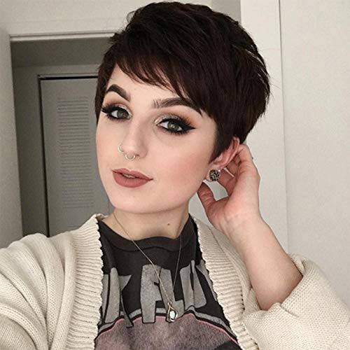 Baruisi Short Brown Wigs for Women Pixie Cut Layered Wig with Bangs Synthetic Heat Resistant Halloween Cosplay Hair Wig