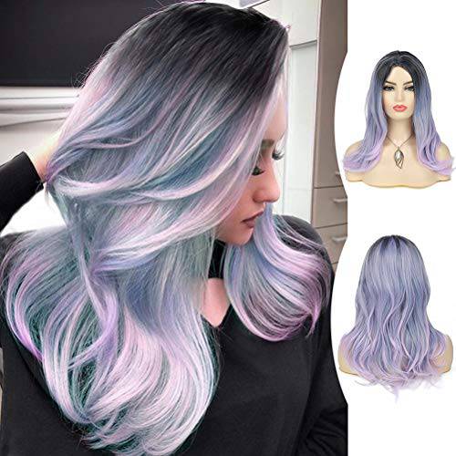 Sallcks Colorful Wigs Ombre Purple Long Layered Vibrant Lavender Wig Middle Part Purple Synthetic Cosplay Costume Wig for Women