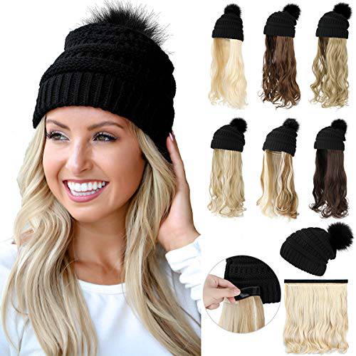 Qlenkay Beanie Hat Knit with Long Wavy Curly Hair Extensions Wig Dismountable Warm Knitted Pom Cap Attached 20inch Synthetic Hairpiece for Women Winter Ash Blonde