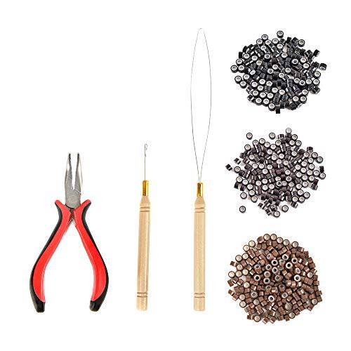 Hair Extension Tools Kit – Pliers - Pulling Hook - Bead Device Tool Kits with 600 Pieces 5mm Silicone Lined Micro Rings (Black, Dark Brown, Blonde)