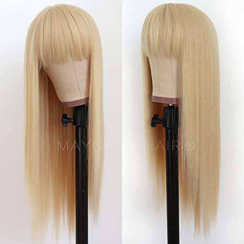 Maycaur Blonde Synthetic Hair Wigs with Full Bangs 613 Color Long Straight Women’s Wig Heat Resistant Synthetic No Lace Wigs for Fashion Women