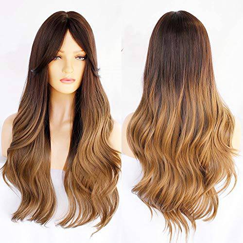 Ebingoo Long Brown Wig for Women Long Wavy Dark Brown Wig with Bangs Soft Synthetic Heat Resistant Fiber Wigs for Daily Wear(with Wig Cap)