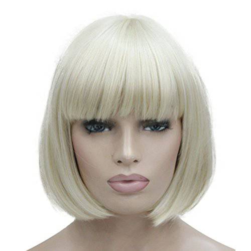 Lydell 8 Straight Short Bob Hair Flat Bangs Cute Central Dot Skin Top Heat Resistant Synthetic Wigs (614 Pale Blonde)