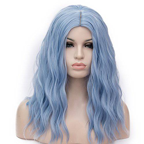 BUFASHION 20 Long Wavy Curly Water Blue Synthetic Wig for Women Girls Cosplay Wig Halloween Costume Wig with Wig Cap(Light Blue)