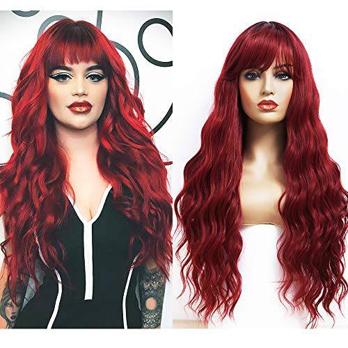 ANDRIA Ombre Red Wigs Natural Wave Wig with Bangs Burgundy Wine Red Wig Dark Roots Red Colorful Wigs Long Wavy Loose Curly Wig Heat Resistant Synthetic Pastel Wig Cosplay Party Wigs for Black Women
