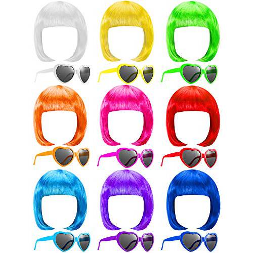18 Pieces Party Short Bob Wigs and Sunglasses Sets, Neon Bob Wig Sunglasses Pack Colorful Party Cosplay Wig Daily Party Hairpieces for Neon Party Favors Halloween and Decorations