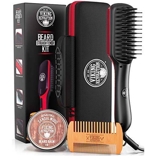 Beard Straightener Brush for Men - Fast Heating Ceramic and Ionic Mens Beard Straightener Comb - Heated Beard Brush - Includes Wooden Beard Comb & Beard Balm with Sandalwood Scent