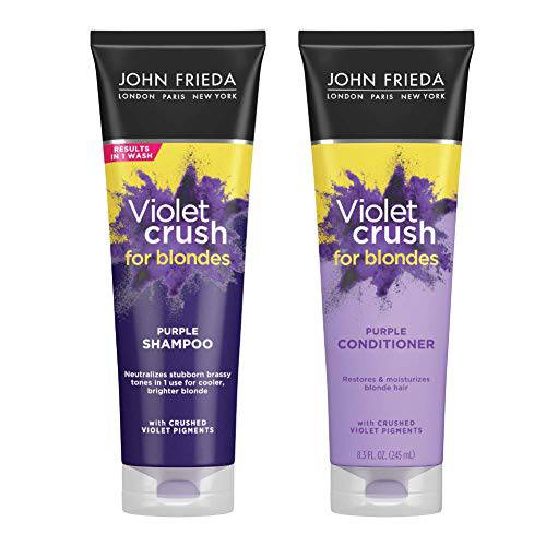 John Frieda Violet Crush Purple Shampoo and Conditioner Set for Blonde Hair, Blonde Toner Neutralizes Yellow Tones for Bleached, Blonde, and Platinum Hair., Enhance Blonde Tones, 8.3 oz (2 Pk Set)