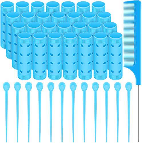 Small Size Hair Rollers Set, Includes 28 Plastic Smooth Hair Rollers 0.63 Inch/ 1.6 cm Hair Curlers with Steel Pintail Comb for Short Hair Long Hair Hairdressing Styling Tools, Blue