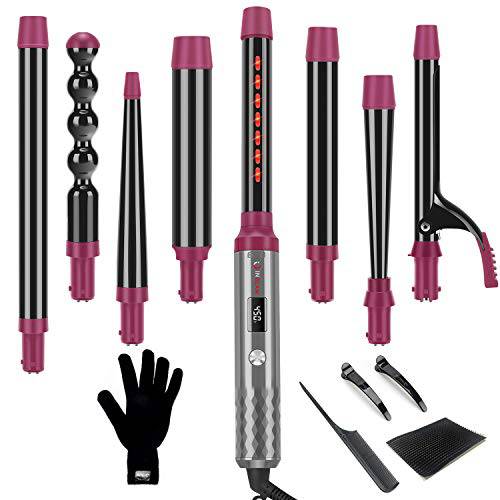IG INGLAM Professional 8-in-1 Curling Iron Wand Set, Instant Heat Up Hair Curler with 8 Interchangeable Ceramic Barrels (0.5’’-1.25’’), Adjustable Temperature for All Hair Types, Rock Grey & Purple