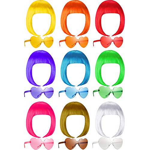 18 Pieces Party Wigs and Sunglass Set, Short Bob Hair Wigs Colorful Cosplay Costume Wig Heart Shaped Sunglasses for Daily Party Hairpiece