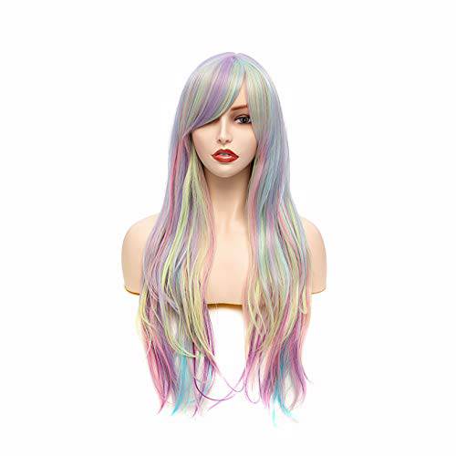 Rugelyss Rainbow Colorful Wigs for Women 26 Inches Long Wavy Fashion Synthetic Full Head Hair Wig with Bangs for Cosplay or Party