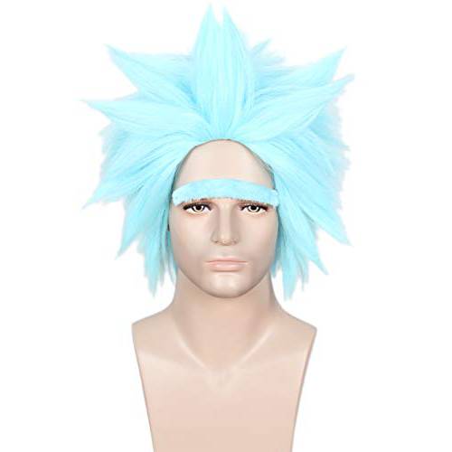 Linfairy Short Blue Wig and fake eyebrow Halloween Costume Fuzzy Funny Wig for Men