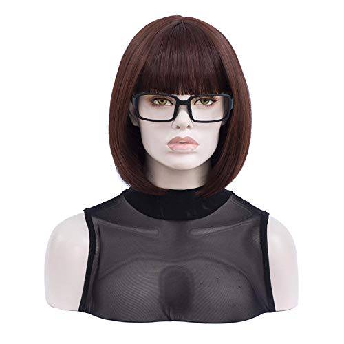 MORTICIA Short Striaght Full Bang Heat Resistant Women Bob Wig with Black Glass Frame (Brown)