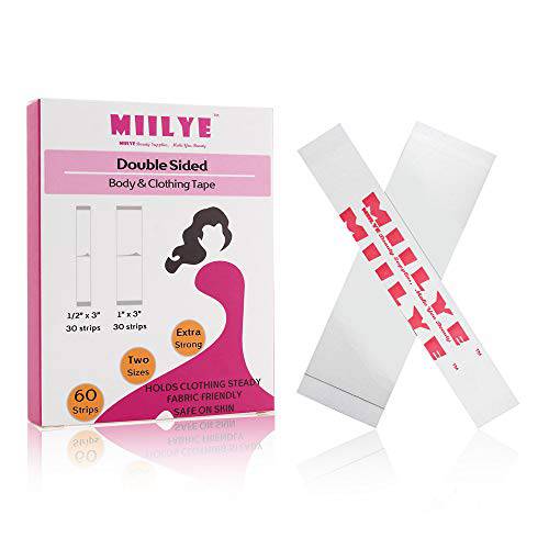 Double Sided Tape for Body, MIILYE Fashion Breast Tape for Skin to Fabric Clothes Clothing, Keep Dress Bra in Place, Clear, 60 Counts (60 Strips 1x3-Strong)