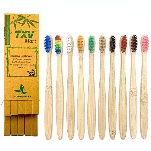 TXV Mart Eco-Friendly Natural Bamboo Toothbrush BPA Free Biodegradable Handle Mixed Color (Pack of 10 Individual Boxes)