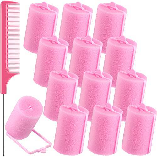 12 Pieces Foam Sponge Hair Rollers, 1.89 inch/ 4.8 cm Soft Sleeping Hair Curler Flexible Hair Styling Sponge Curler and Stainless Steel Rat Tail Comb Pintail Comb for Hair Styling (Pink)