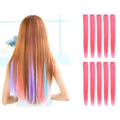 OneDor 23 Inch Colored Party Highlights Straight Hair Clip Extensions, Heat-Resistant Synthetic Hair Extensions in Multiple Colors (10 Pcs Pink)
