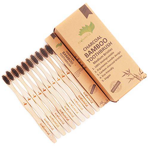 ECOFWORLD USDA Certified Eco-Friendly Natural Bamboo Toothbrush - Compostable Organic Reusable Wooden Brush | Charcoal Infused BPA Free Bristles Toothbrushes | Individually Packed (Adults - 10 Pack)