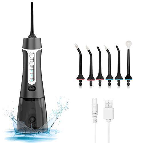 Water Flosser Cordless, ear&ear IPX7 Waterproof Water Teeth Cleaner with 6 Jet Tips, 3 Modes and 300ML Water Tank, Portable Rechargeable Dental Oral Irrigator for Teeth, Braces, Travel and Home, Black