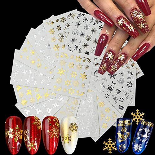 Christmas Nail Art Stickers Gold Nail Decals, Water Transfer Winter Nails Sticker Snowflake Snowmen Xmas Tree Deer Nail Designs for Women Manicure Tips Acrylic Nails Charms Decorations (16 Sheets)