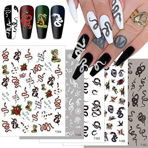 5 Sheets Snake Nail Art Stickers Decals Nail Foil Art Supplies Nail Accessories Luxury Street Fashion Python Cool 3Designs Adhesive Nail Stickers Cosplay Decoration Acrylic Nail Art