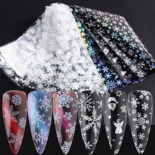 Christmas Nail Transfer Foil Sticker Snowflakes Nail Decals Winter Nail Stickers Flowers Santa Claus White Laser Silver Design Full Wrap Nail Decals Polish Strips Holographic Foils Paper 10pcs/Set