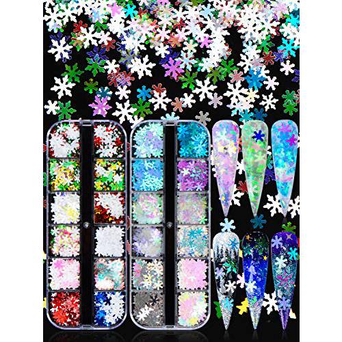 Warmfits Snowflakes Nails Glitter White Blue Ice Nails Sparkle Snow Sequins 24 Colors Holographic Mermaid Nail Flake for Winter Christmas Nail Art (Pattern A)
