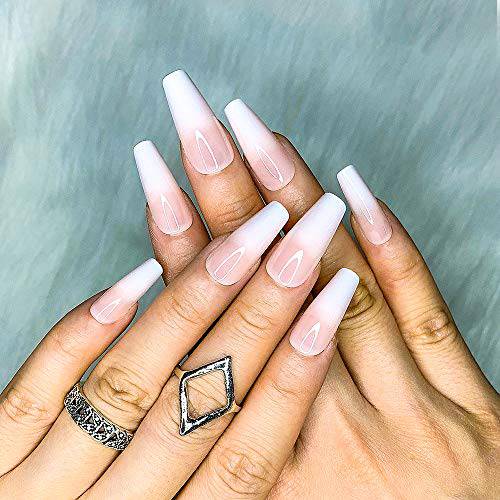 Artquee 24pcs French White Ballerina Nude Ombre Long Coffin Glossy Fake Nails Press on Nail False Tips Manicure for Women and Girls