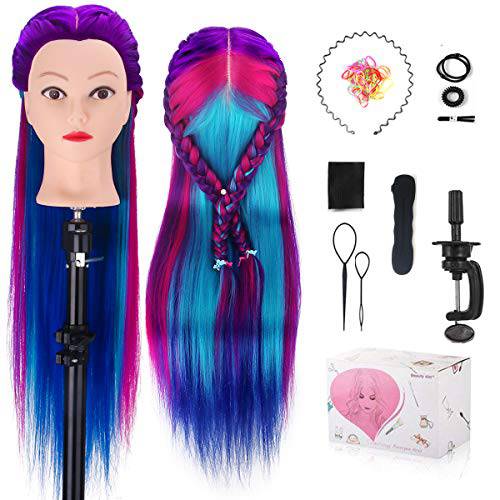 Mannequin Head with Hair, MYSWEETY 28 Mannequin Head Hair Styling Training Head Manikin Cosmetology Doll Head Synthetic Fiber Hair with Table Clamp & Braiding Kit