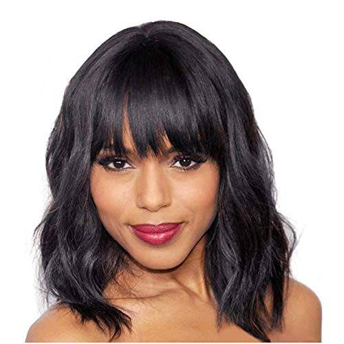 HNYBEE Black Wig with Bangs for Women Short Wavy Curly Bob Wigs Synthetic Heat Resistant Wig 14 Inches Shoulder Length Daily Party Cosplay Wig Natural Looking