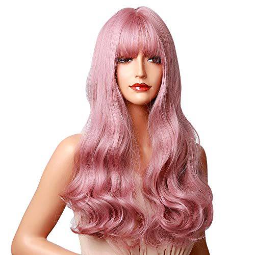 Greyands 23 Bangs Long Wavy Synthetic Wigs for Women Girl’s-Synthetic Heat Resistant Fiber Hair for Cosplay Party Wear (A-Pink)