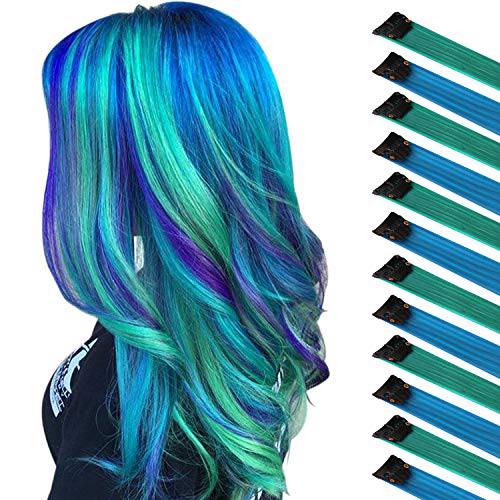 FESHFEN Colored Hair Extension, 12 PCS Teal Blue and Royal Blue Clip in Hair Extension Highlight Colorful Straight Synthetic Hairpieces for Women Girls, 22 inch