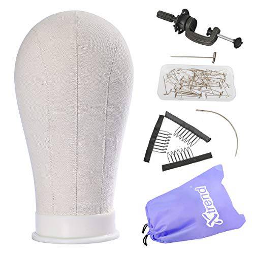 Xtrend 21-24’’ Poly Canvas Block Head for Making Head Weft/Wig/Hair Extension Making Display Styling Mannequin Head with Stand Set Manikin Canvas Head Hair Accessories 21 inch
