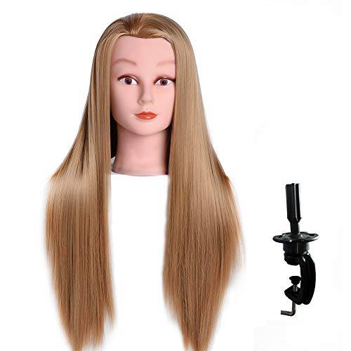 LuAiJa 26-28 Mannequin Head Long Synthetic Fiber Hair Styling Training Head Manikin Cosmetology Doll Head Hair with Free Clamp Holder (Blonde Synthetic Fiber Hair)