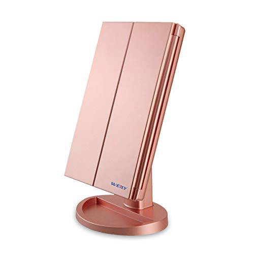 WEILY Lighted Vanity Makeup Mirror 1x/2x/3x Magnification Trifold with 36 LED Lights Touch Screen and USB Charging, 180 Degree Adjustable Stand for Countertop Cosmetic Makeup Mirror(Rose Gold)