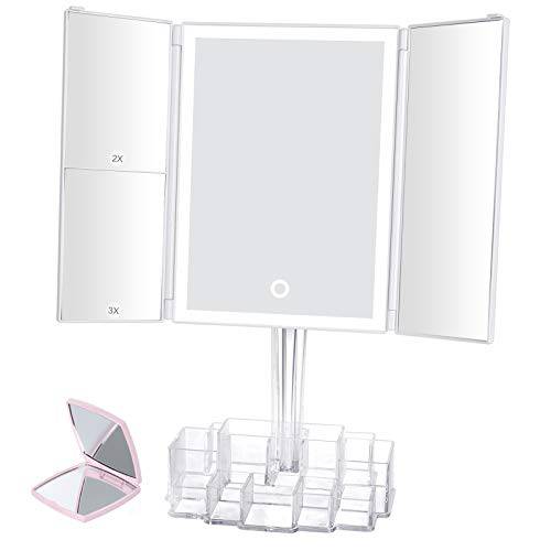 ProYankiot Makeup Mirror Vanity Mirror with Lights,Trifold Lighted Vanity Mirror with 38 LED Lights and Storage 3X/2X/1X Magnification, Touch Screen Switch, 90 Degree Rotation,White