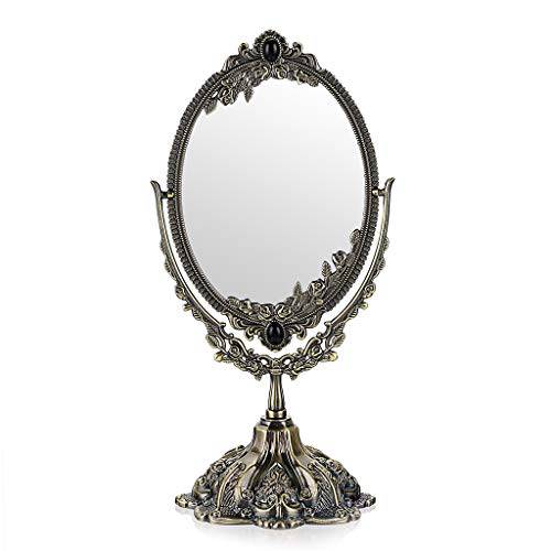 JUXYES Metal Tabletop Antique Decorative Makeup Mirror with Stand, Vintage Swivel Double Sided Cosmetic Mirror with Frame, Retro Desktop Oval Dressing Mirror for Bathroom Bedroom