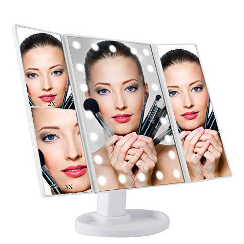 Aynoo Makeup Mirror Lighted Vanity Makeup Mirror Tri-fold Lighted Vanity Makeup Mirror with 1x 2X 3X Lighted Makeup Mirror Trifold Mirror Portable Makeup Mirror (White)