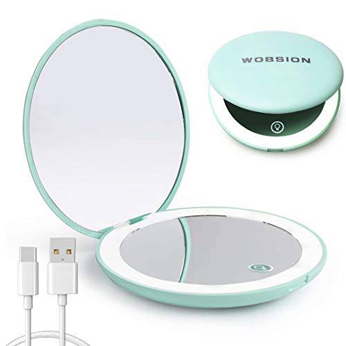 wobsion Led Compact Mirror, Rechargeable 1x/10x Magnification Compact Mirror, Dimmable Small Travel Makeup Mirror,Pocket Mirror for Handbag,Purse,Handheld 2-Sided Mirror,Gifts for Girls,Cyan