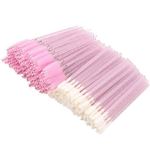 Tbestmax 200 Disposable Mascara Wand and Lipstick Applicator Wands Crystal Lip Gloss Brush Lash Spoolies for Eyelash Extensions (Pink)