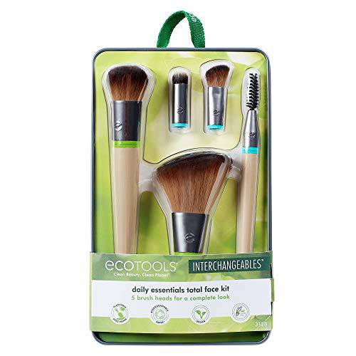 EcoTools Interchangeables Daily Essentials Total Face Makeup Brush Kit, Essential Oils, Multiuse Face Makeup Brushes, Bronzer, Blush, Powder, & Eyeshadow Brushes, Cruelty-Free & Vegan, 8 Piece Set