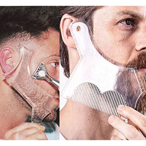 2PCS Men’s Beard Shaping Tool Template, Beard Guide Shaper with Inbuilt Comb, Multi-liner Edges Shave for Curve/Straight/Neckline/Goatee/Sideburns (Clear-2pcs)
