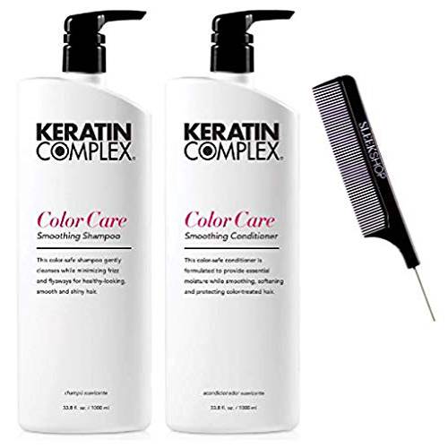 Keratin Complex COLOR CARE Smoothing Shampoo & Conditioner DUO SET (w/Sleek Comb) Frizz-Fighting, No Added Sodium Chloride (33.8 oz - LARGE PRO DUO KIT)