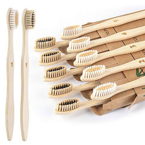 Bamboo Toothbrushes, BPA Free Medium Soft Bristle, Natural Biodegradable Wooden Toothbrush, Pack of 10